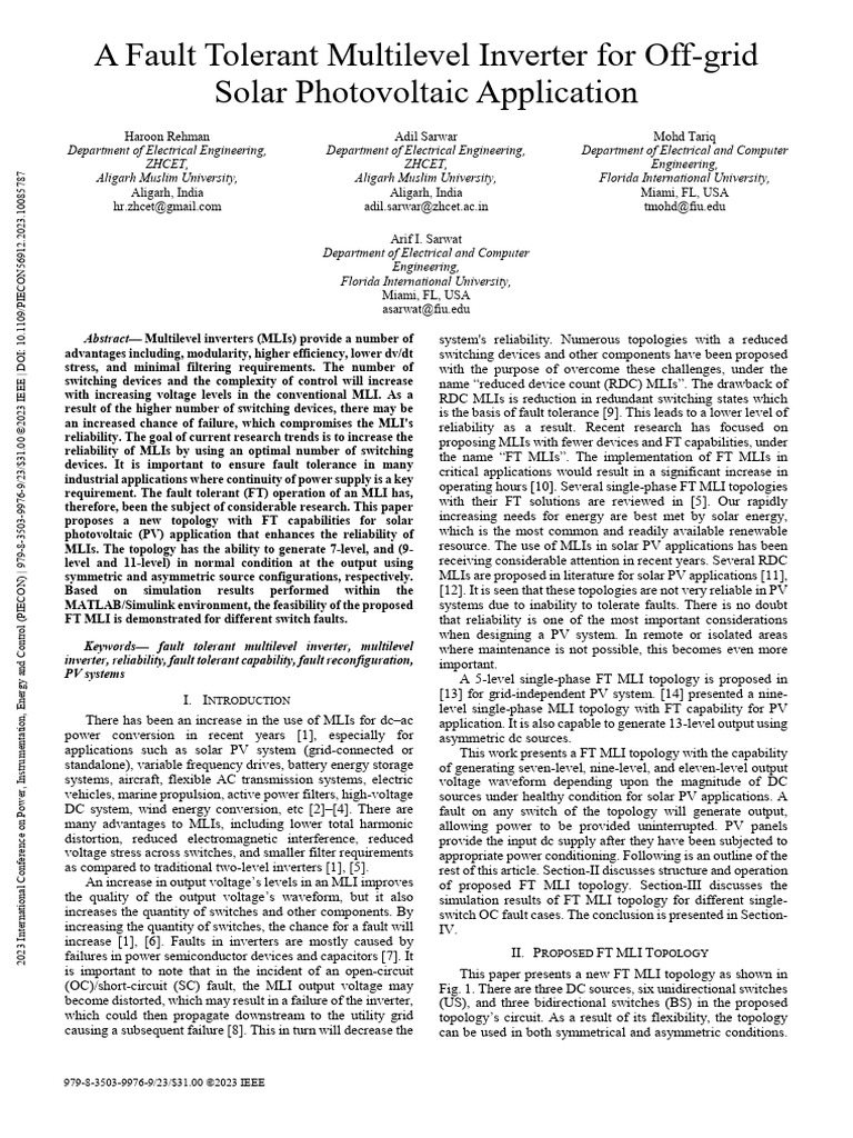 A Fault Tolerant Multilevel Inverter For Off-Grid Solar Photovoltaic ...