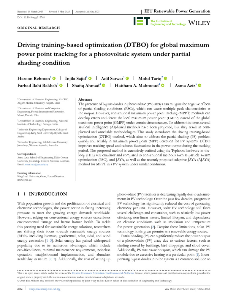 Driving Training Based Optimization DTBO For Global Maximum Power Point ...