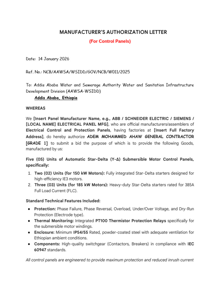 CONTROL PANELS - Manufacturer's Authorization Letter | PDF
