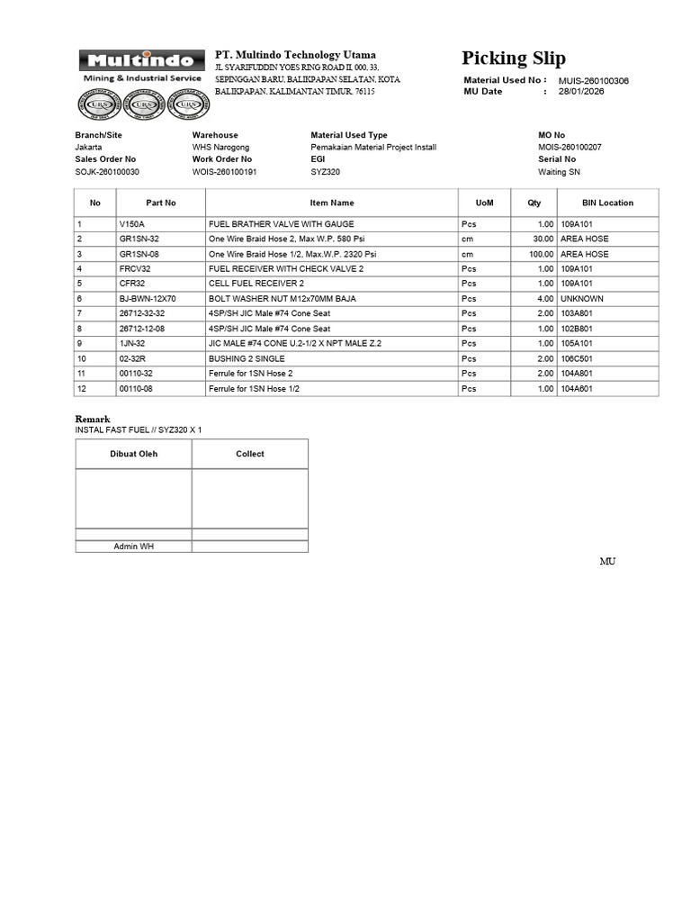 Picking Slip MUIS-260100306 | PDF