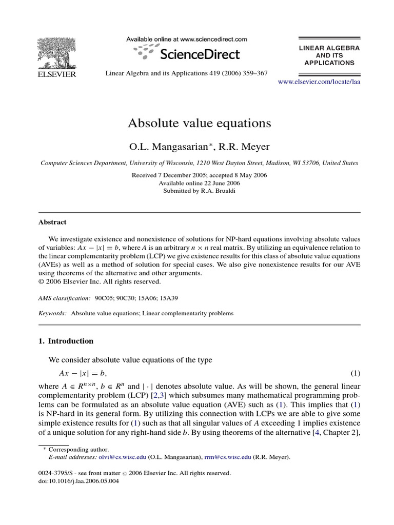 Absolute Value Equations | PDF | Eigenvalues And Eigenvectors | Matrix ...