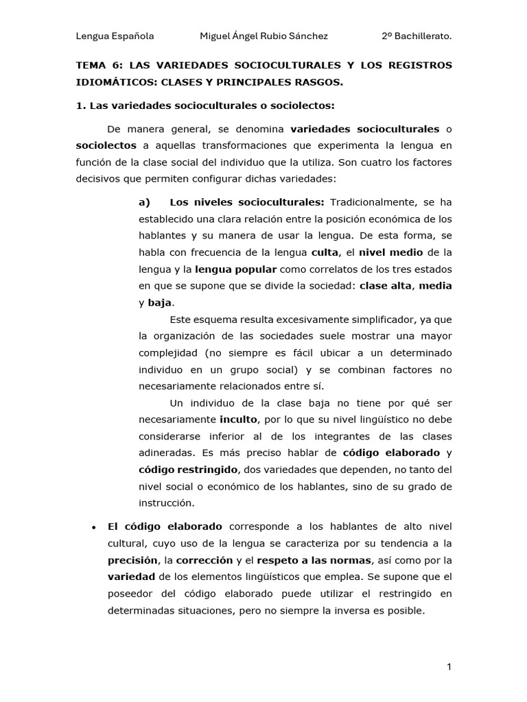 TEMA 6. Variedades Diafásicas y Diastráticas. | PDF | Lengua española ...