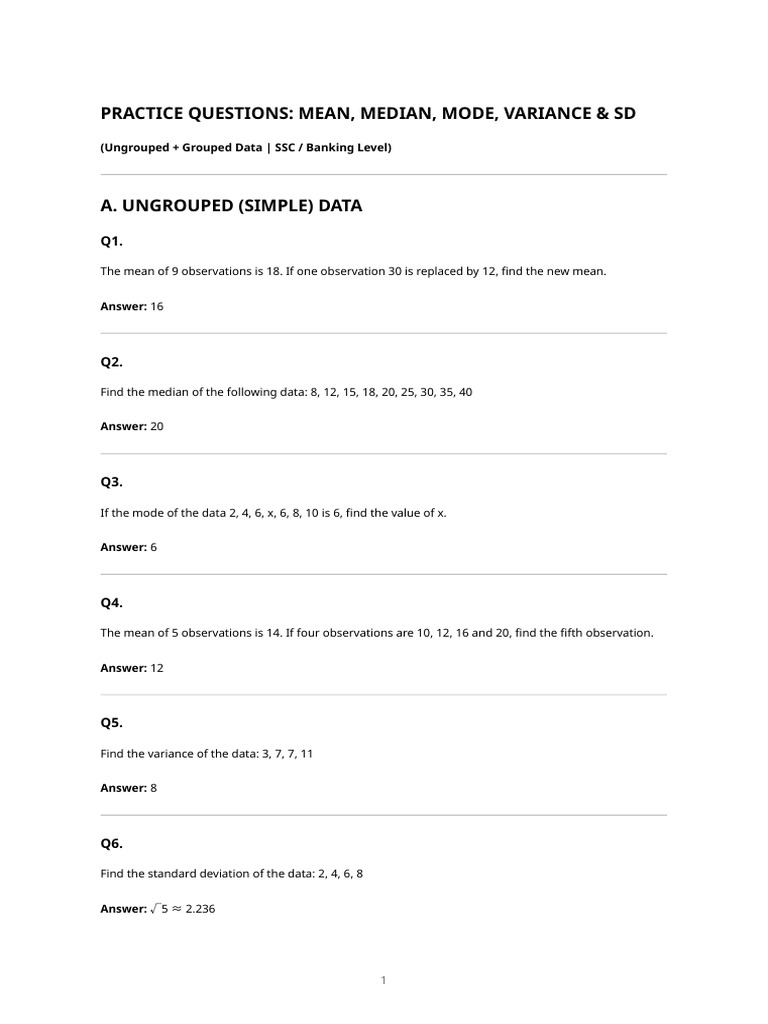 Mean Median Variance Practice (Advanced) | PDF | Standard Deviation ...
