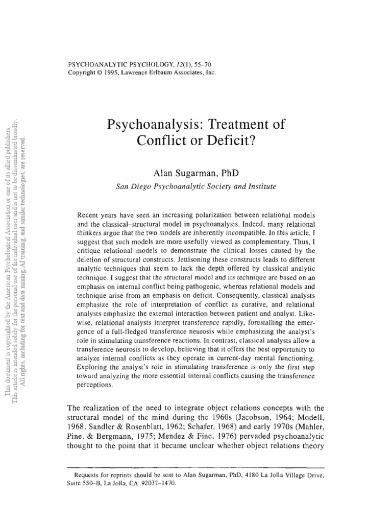 Psychoanalysis: Treatment of Conflict or Deficit? | PDF ...