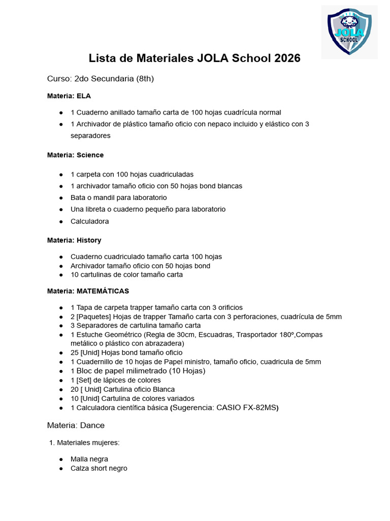 Lista de Materiales 2do Secundaria (8th) JOLA School 2026 | PDF ...