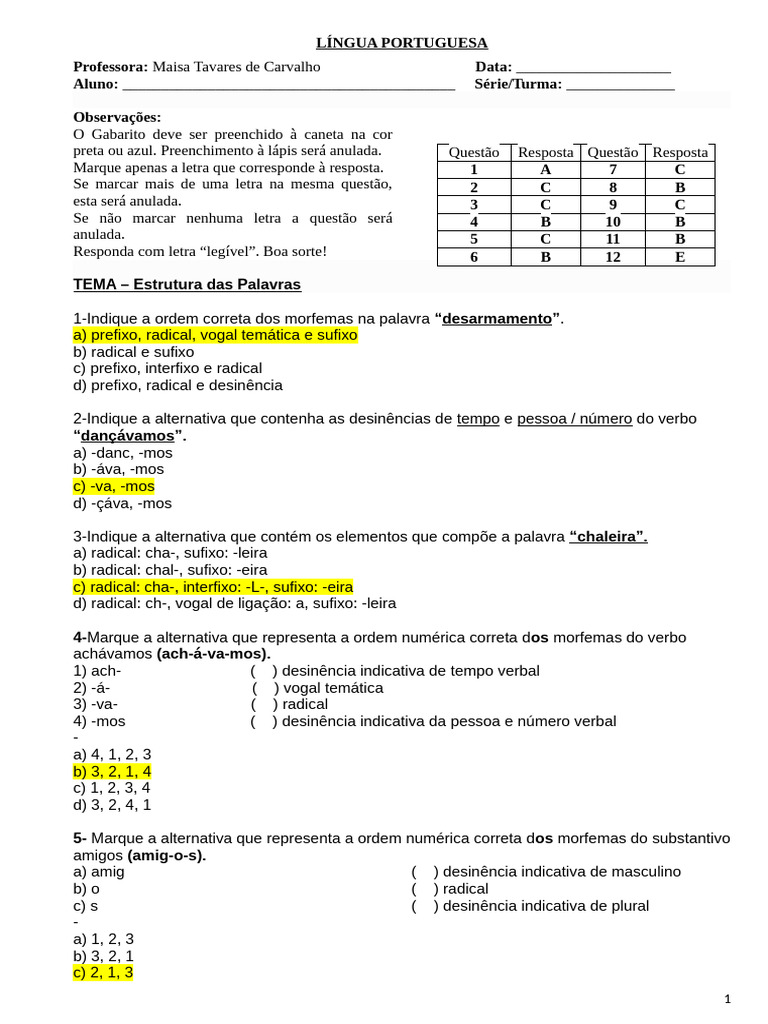 Estrutura Das Palavras-Ativ-12q Com Gabarito | PDF | Palavra | Linguística