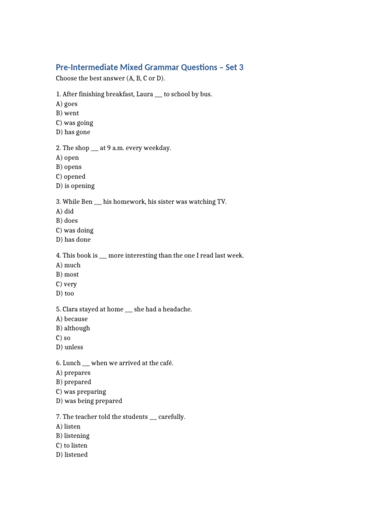 Pre-Intermediate Mixed Grammar Questions Set3 71cb2a | PDF | Chess ...