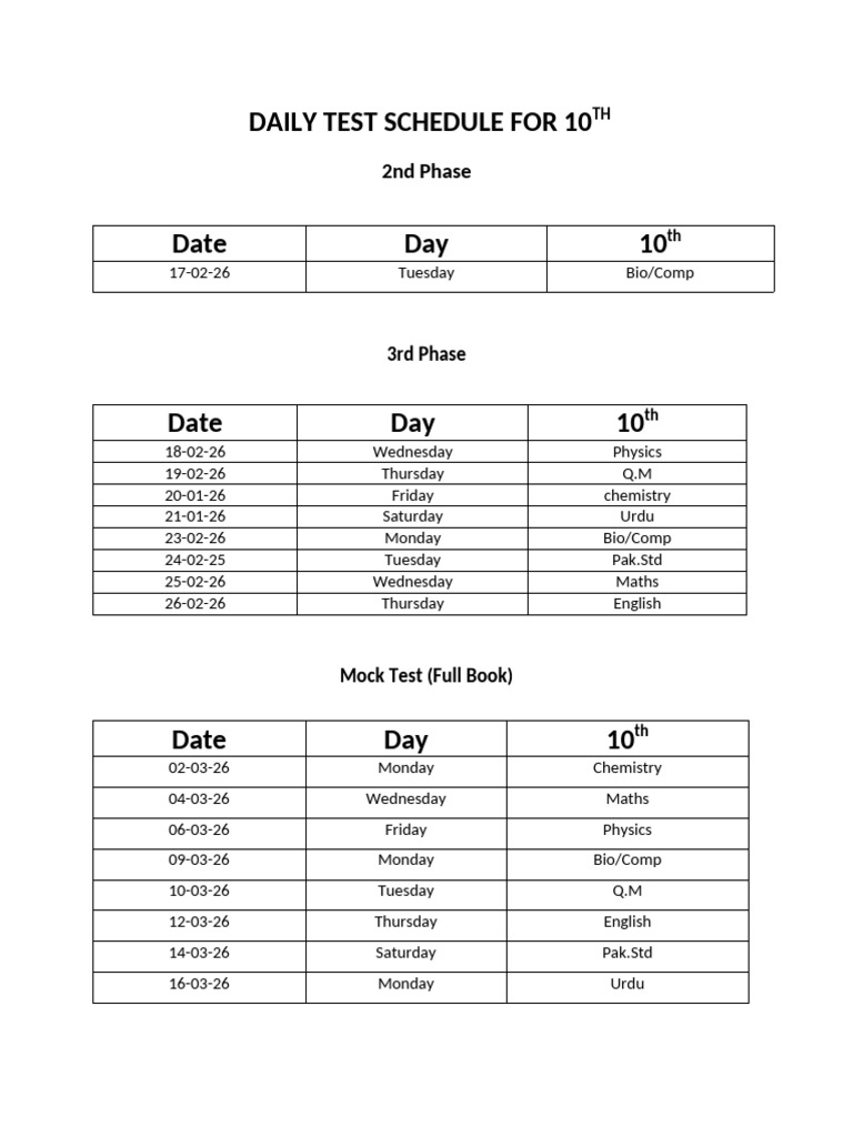 Revised Daily Test Schedule For 10TH 2026..... | PDF
