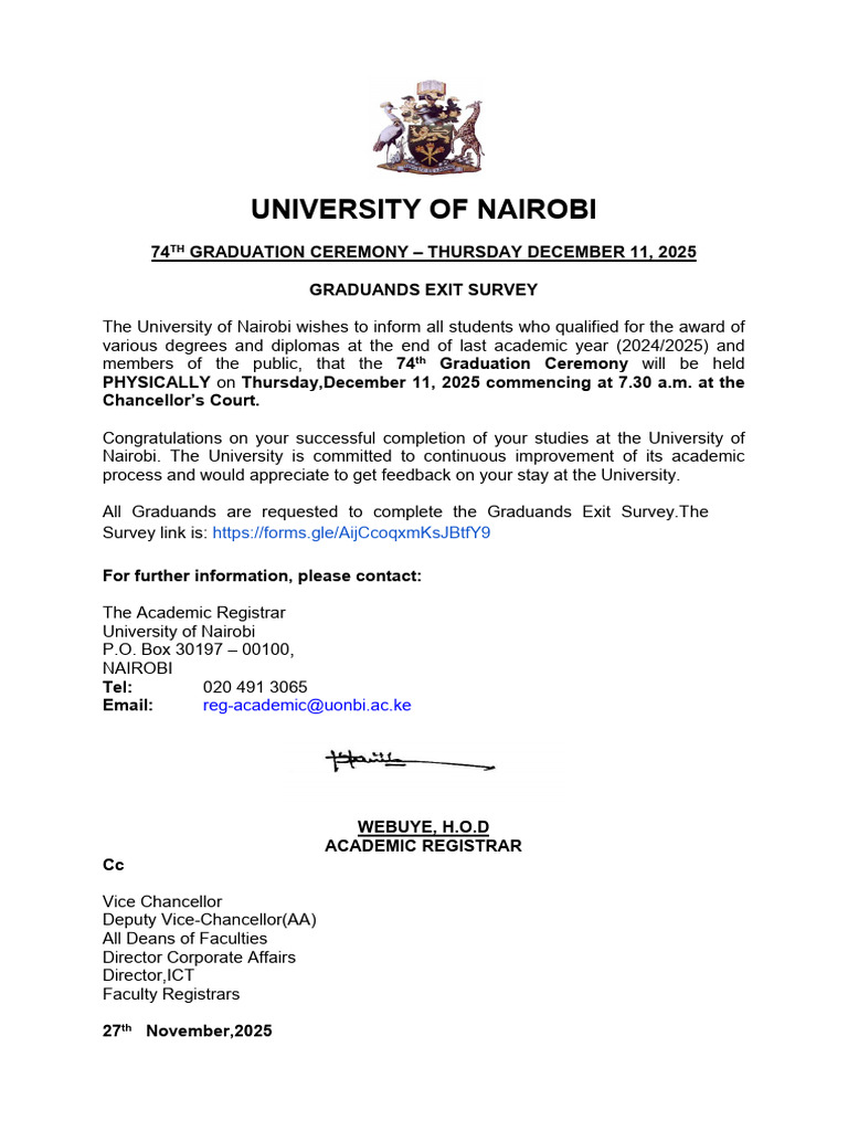 Exit Survey For The 74th Graduation Ceremony - 11th December 2025 | PDF