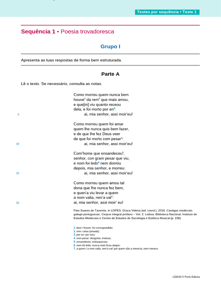 Teste 1 - Letras em Dia | PDF | Amor | Linguística