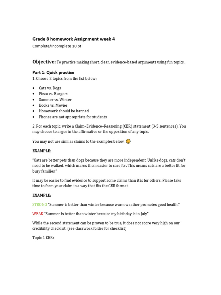 Grade 8 - Homework Assignment - Week 4 | PDF