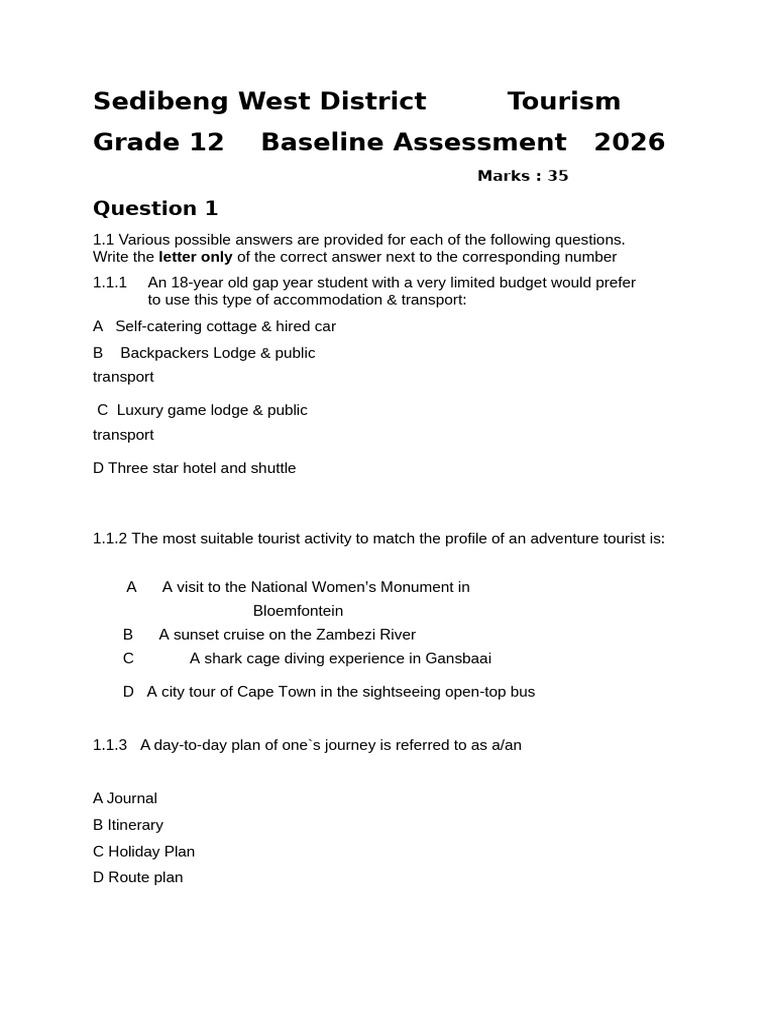 SW GRD 12 2026 Baseline Assessment | PDF | Tourism