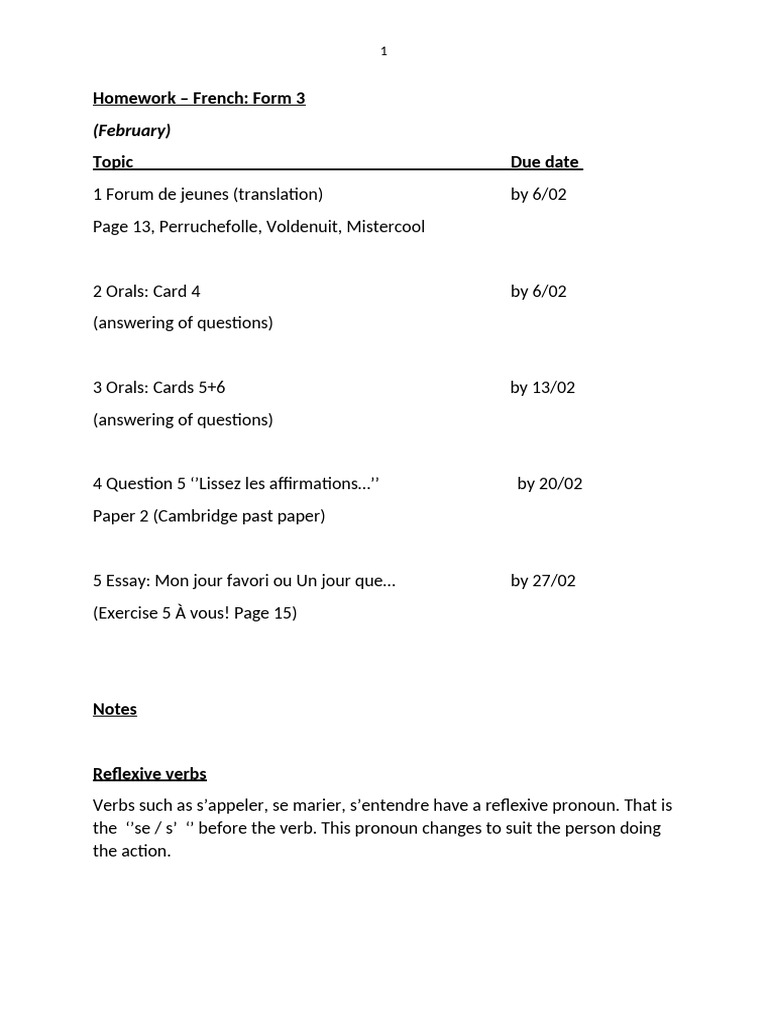 Homework & Notes For February 2026 Form 3 French | PDF
