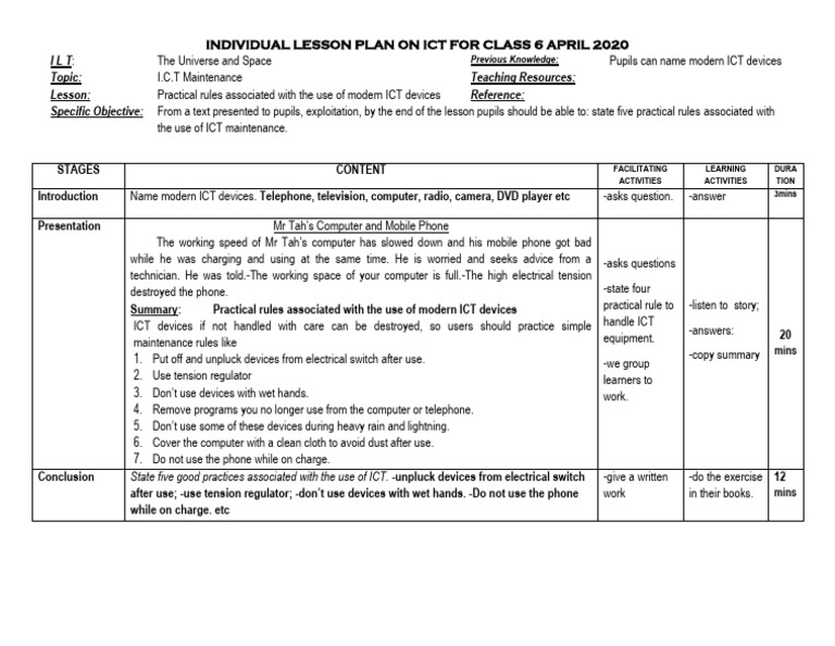 Individual Lesson Plan on Ict for Class 6 April 2020 - Copy | PDF ...