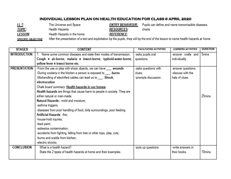 Individual Lesson Plan on Health Education April 2020 - Copy | PDF