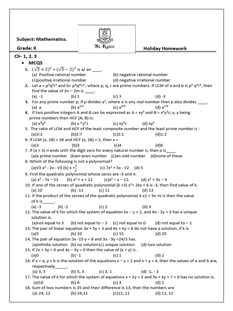 Holiday Homework GR 10 Maths 25-26 Revised | PDF | Polynomial | Numbers