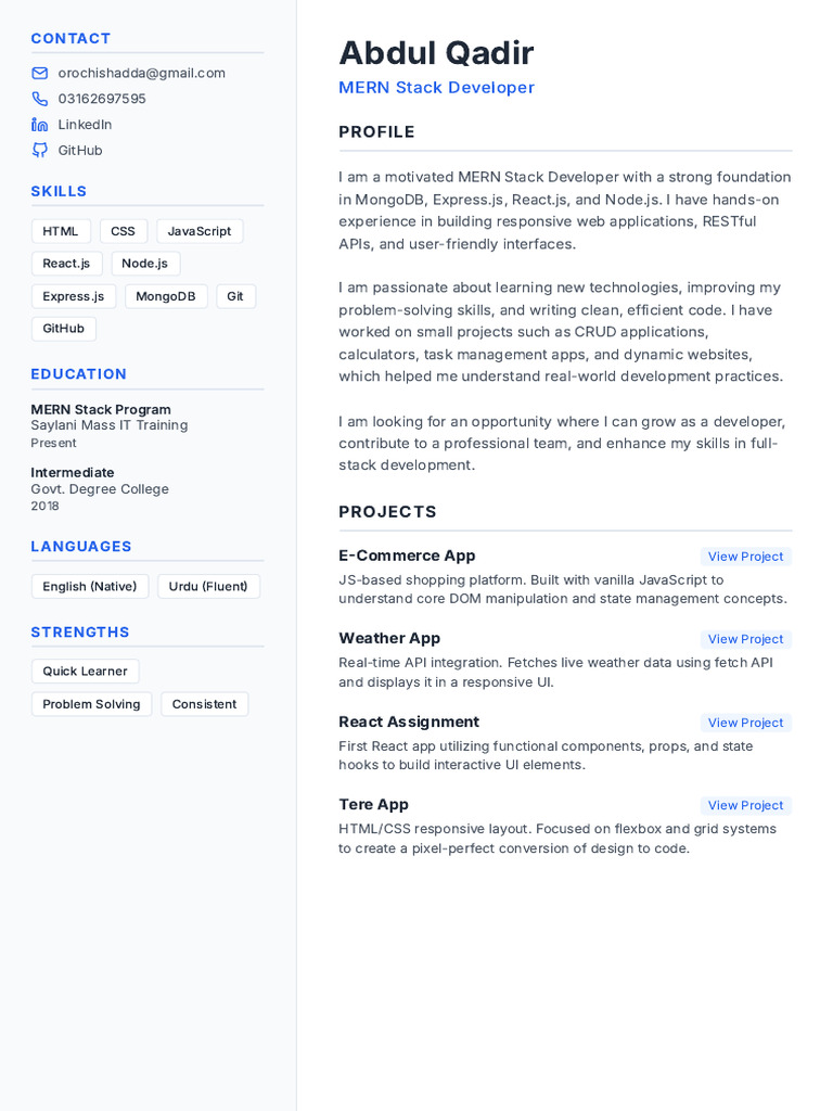 Abdul Qadir - MERN Stack Developer | PDF | Mobile App | Software