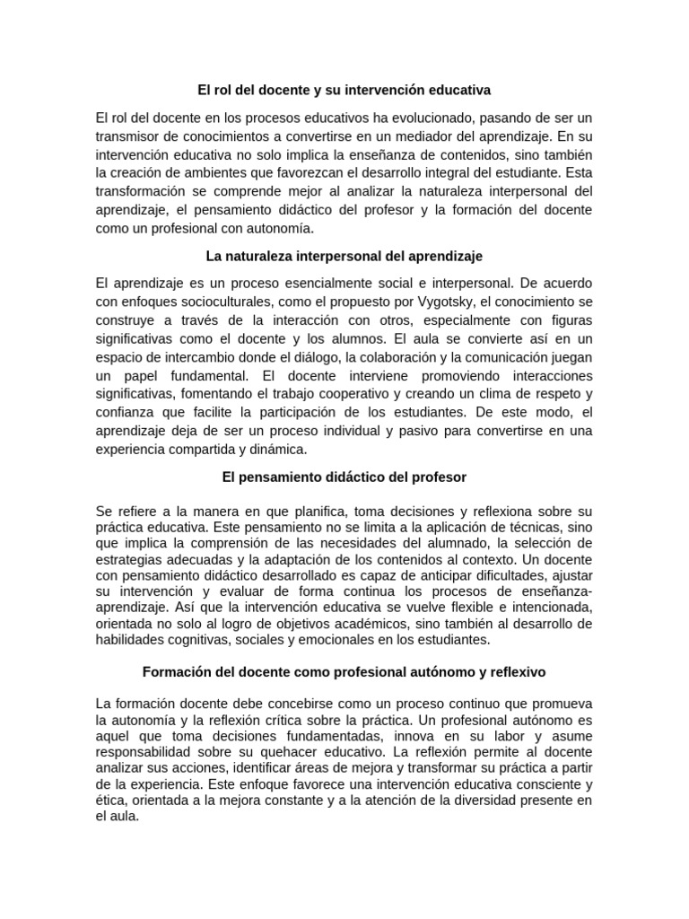 Rol Del Docente y Su Intervencion Educativa | PDF | Enseñando | Aprendizaje