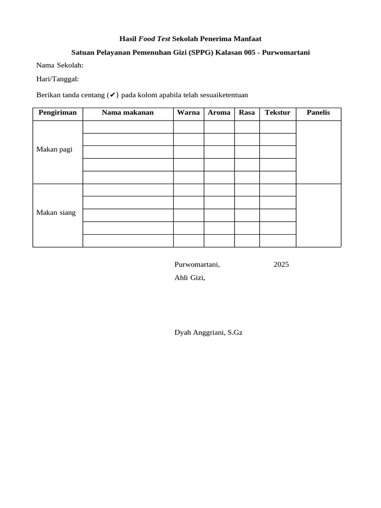 Formulir Food Test Sekolah Penerima Manfaat | PDF