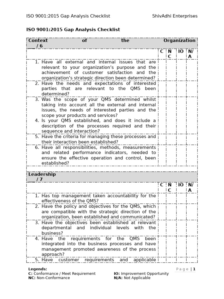 ISO 9001 - 2015 Gap Analysis Checklist - ShivAdhi | PDF | Quality ...