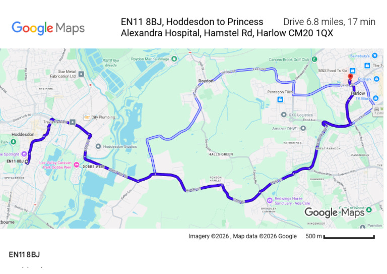 EN11 8BJ, Hoddesdon To Princess Alexandra Hospital Map | PDF
