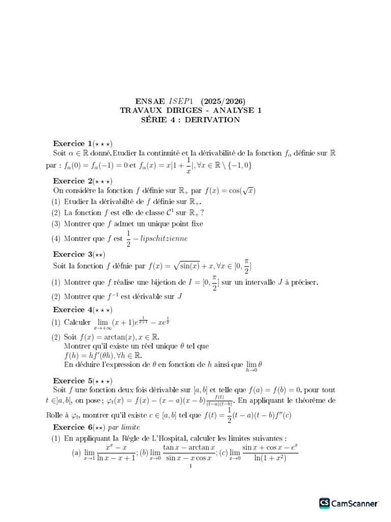 Td3 (Derivation) - Analyse 1 - Isep1 (25-26) | PDF | Analyse ...