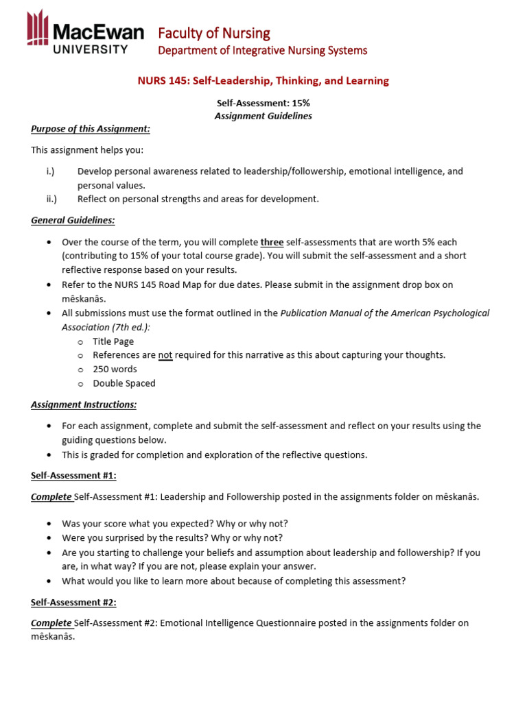 NURS 145 Self Assessment Assignment | PDF | Self Awareness | Emotional ...