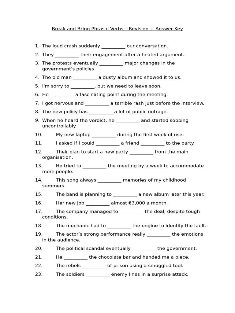Break and Bring Phrasal Verbs - Revision + Answer Key | PDF | Chess ...