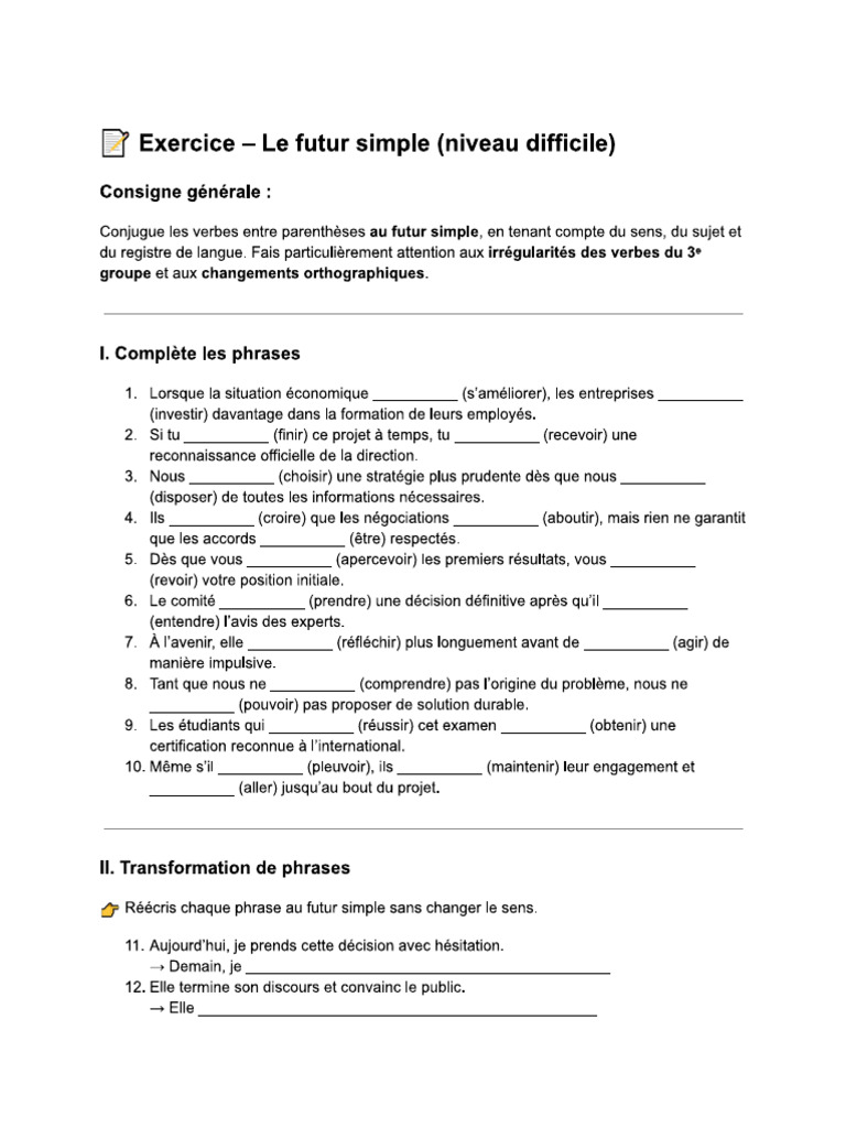 Exercice Sur Les Verbes Du 1er 2e Et 3e Groupes Au Futur Simple | PDF