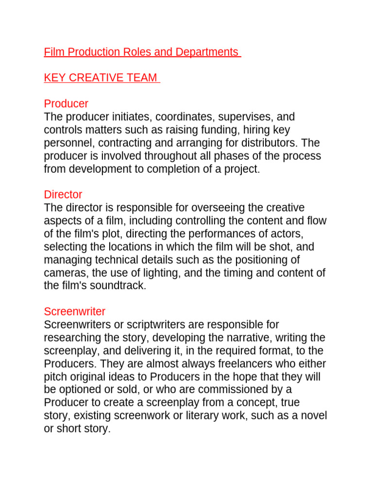 Film Production Roles and Departments | PDF