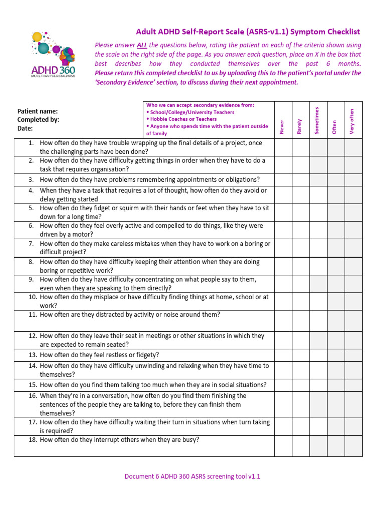 ASRS v1 2 | PDF | Attention Deficit Hyperactivity Disorder | Diseases ...