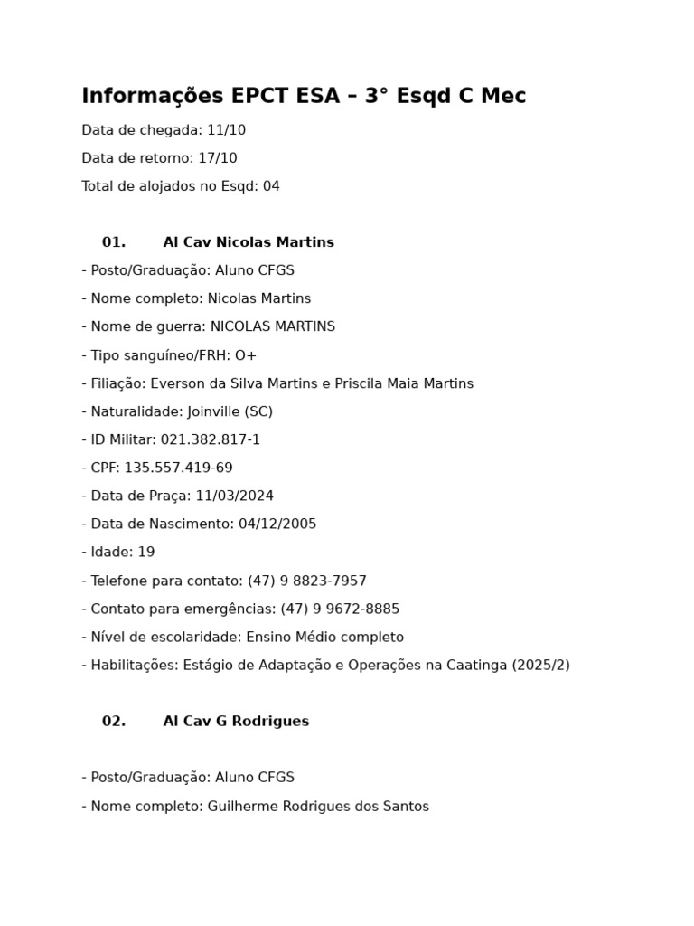 Informações EPCT ESA - 3EsqdCMec | PDF