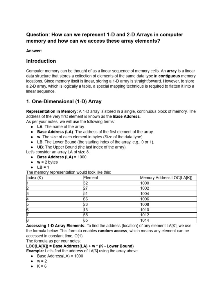 (MS) Array Representation in Memory | PDF | Algorithms And Data ...