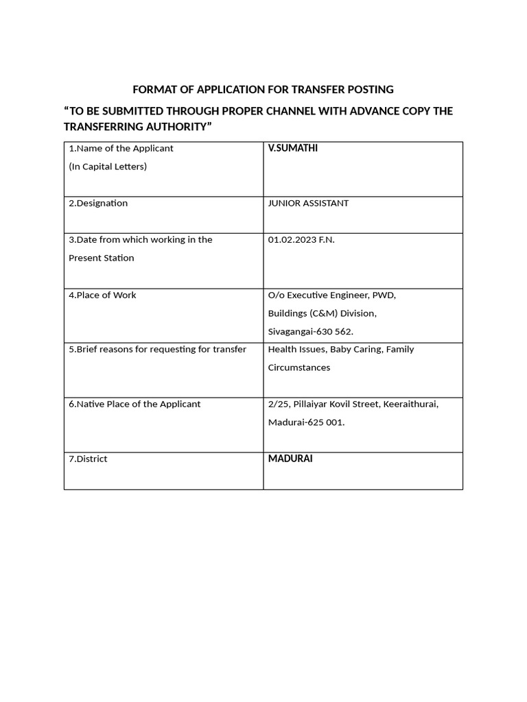 Format of Application For Transfer Posting - 1 | PDF