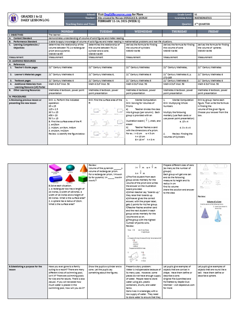 DLL Mathematics 6 q4 w1 | PDF | Volume | Area
