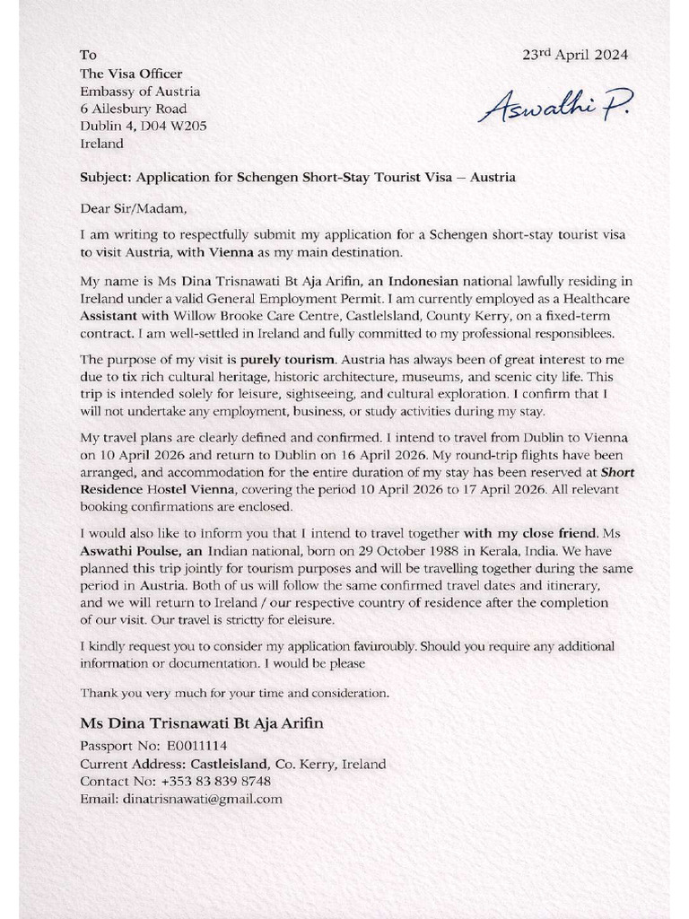 Cover Letter – Austria Schengen Tourist Visa. Greece-Documents ...