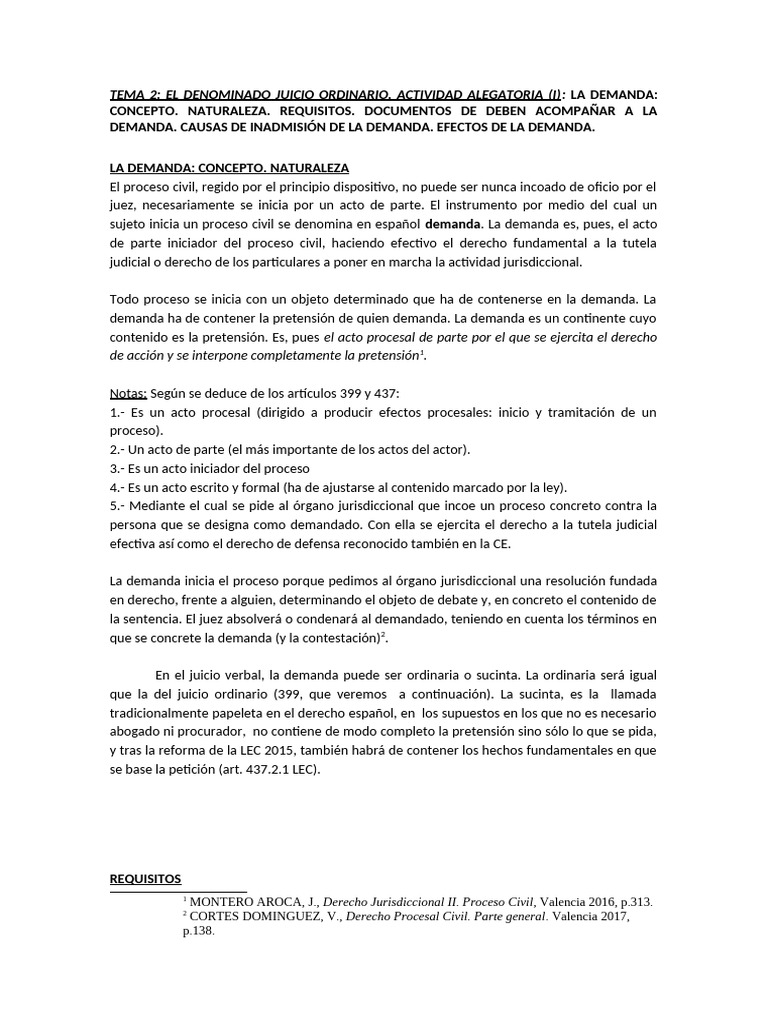 TEMA 2 Derecho Procesal Civil | PDF | Demanda judicial | Ley procesal