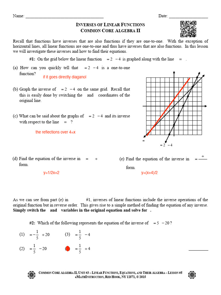 CCAlgII U3L5 Inverses of Linear Functions Copy 2 | PDF | Equations ...