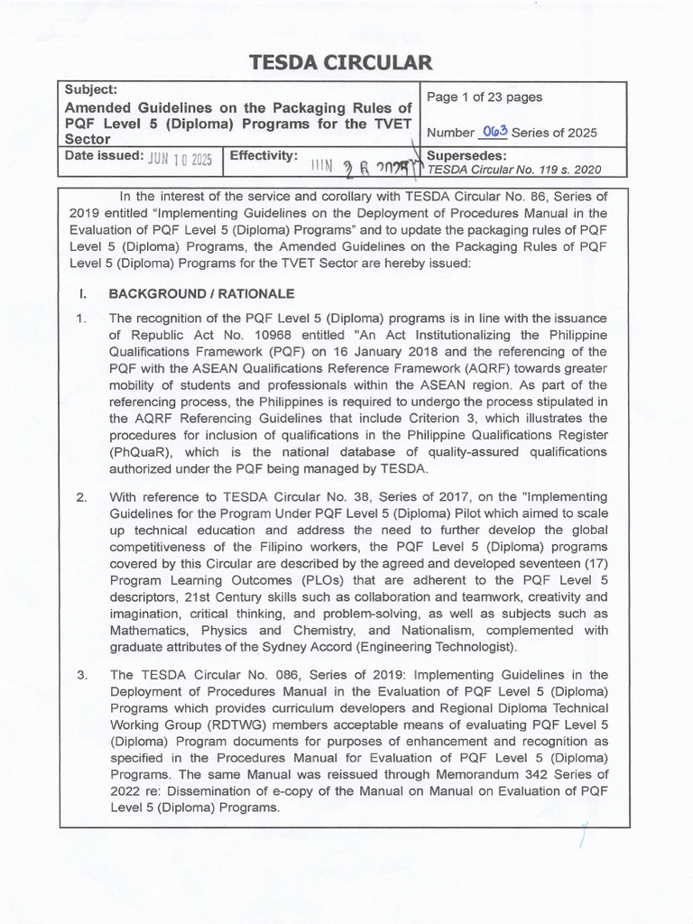TESDA Circular No. 063-2025 | PDF | Vocational Education | Learning