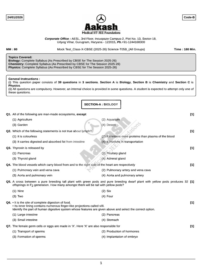CBSE Mock Test-5B - All Groups (Class-10) - Science (24!01!2026) - 90 | PDF