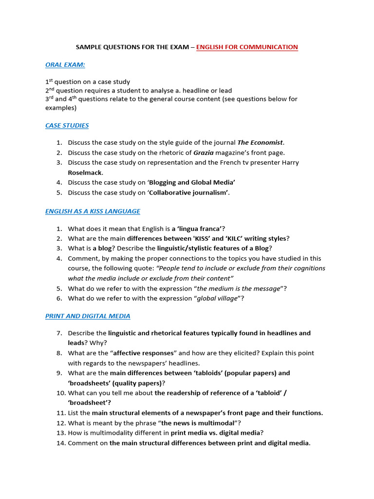 Oral Exam Sample Questions For English For Communication (Media and ...