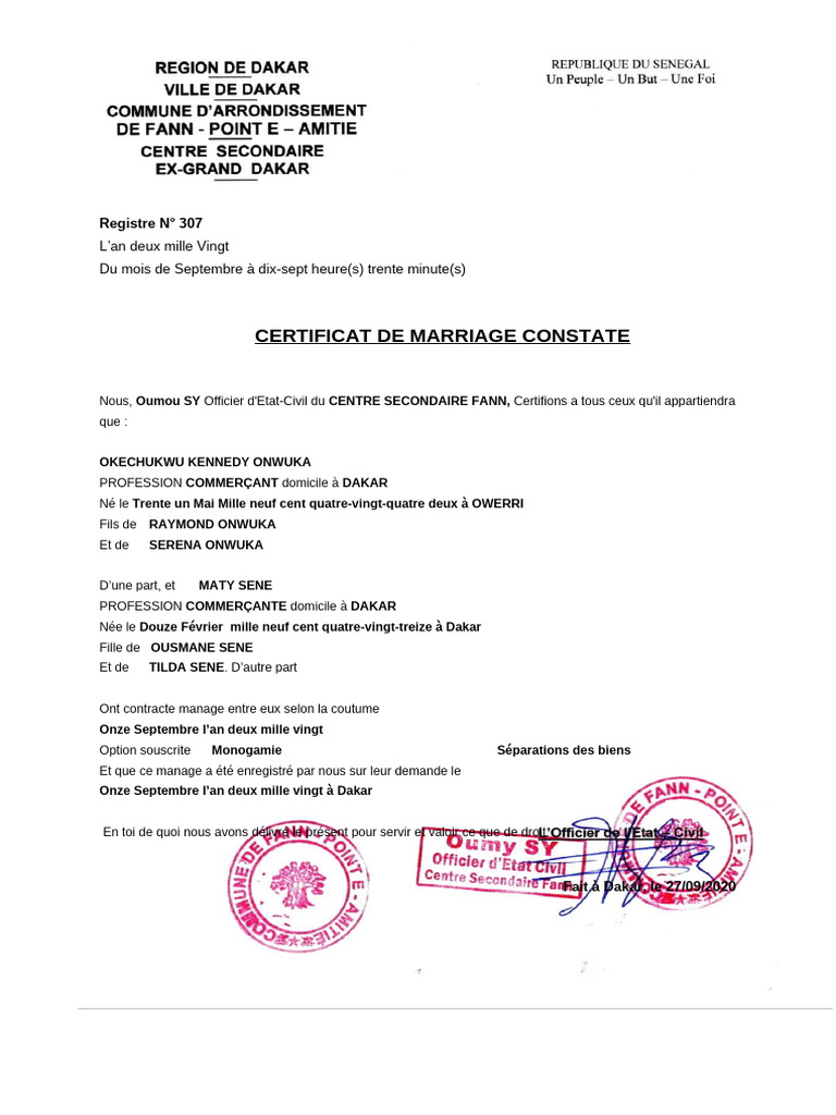 Certificat de Mariage Constate | PDF