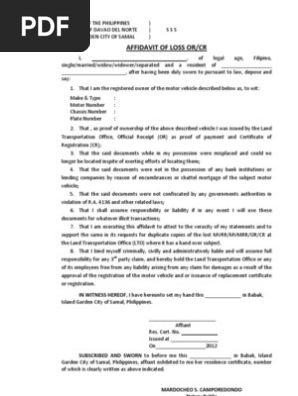 affidavit of loss lto format pdf affidavit government information