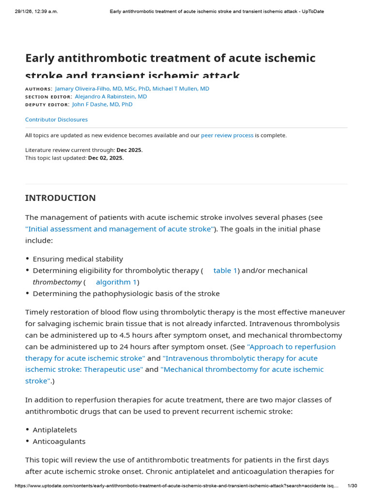 Early Antithrombotic Treatment of Acute Ischemic Stroke and Transient ...