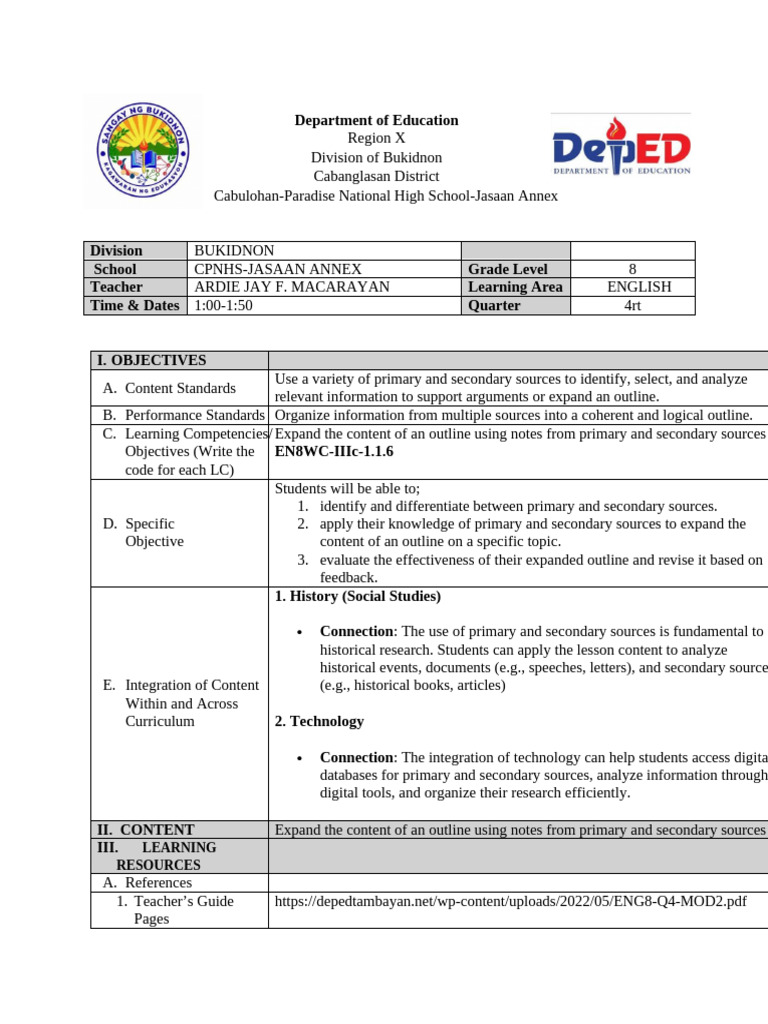 Grade 8 Lesson Plan Fourth Quarter Week 1 | PDF | Information | Learning