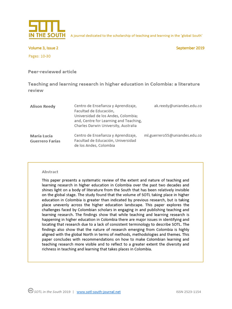 Teaching and Learning Research in Higher Education in Colombia a ...