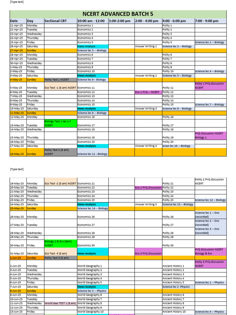 Time Table - Ncert Advanced Batch 5 Updated | PDF | Natural Sciences