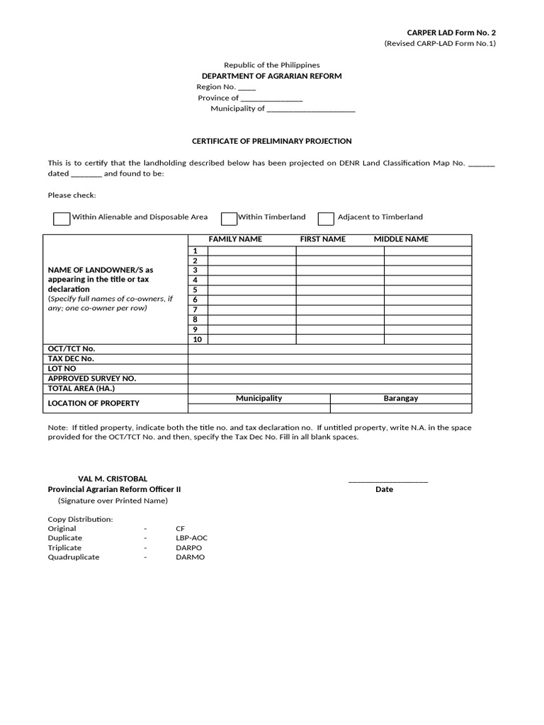 CARPER LAD Form No. 2 Certificate of Preliminary Projection | PDF