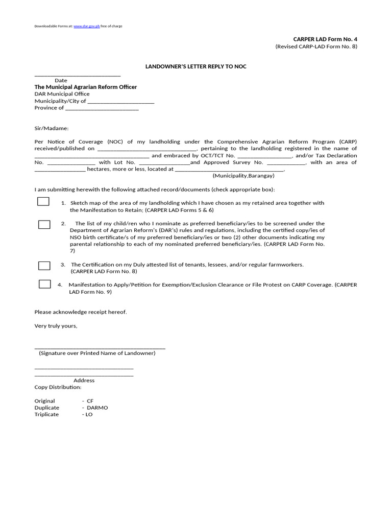Carper Lad Form No. 4 Lo Letter Reply To Noc | PDF