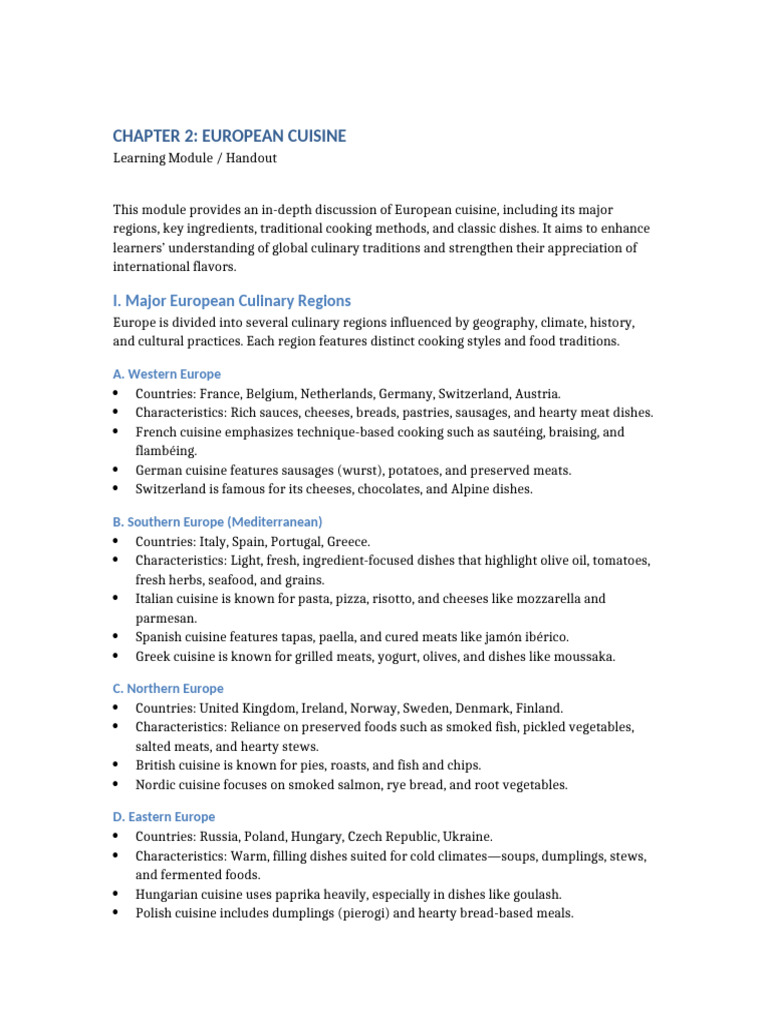 Chapter 2 European Cuisine Module | PDF | Cuisine | Mediterranean Cuisine